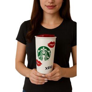 12 oz Starbucks 2015 Valentine's Day Ceramic Travel Mug Cup Tall Hugs & Kisses